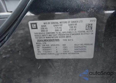 2013 GMC Terrain Sle-1 z USA, uszkodzony, nr VIN 2GKALMEK9D6257835